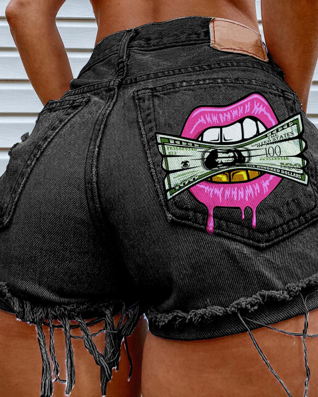 Summer New Hot Women Dollar Lips Printed Hole Tassel Ripped Jeans Shorts Black Blue Gray S-4XL