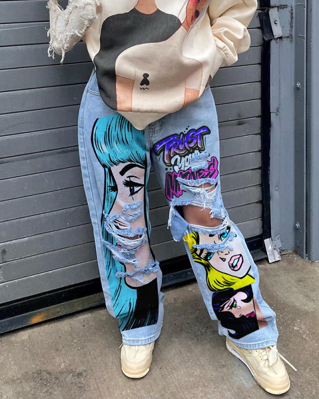 Women Printed High Waist Cut Out Straight Leg Jeans Blue Gray S-3XL