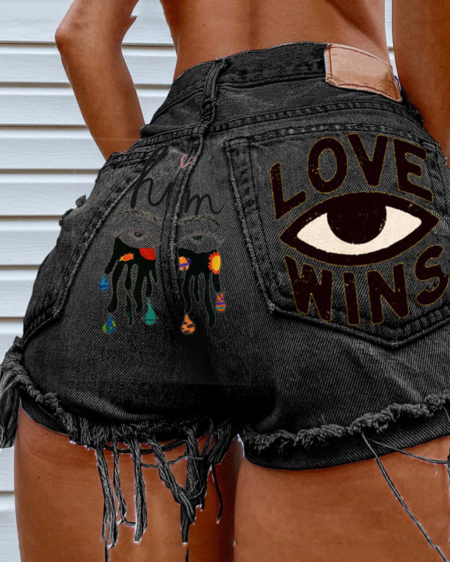 Women Love Eyes Printed Shorts Jeans Gray Black Blue S-4XL