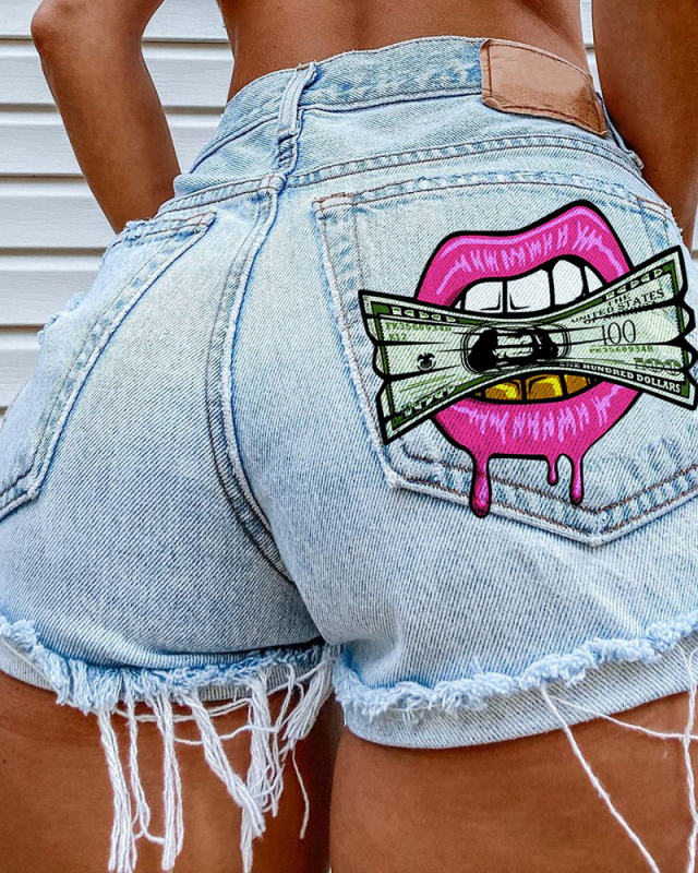 Summer New Hot Women Dollar Lips Printed Hole Tassel Ripped Jeans Shorts Black Blue Gray S-4XL
