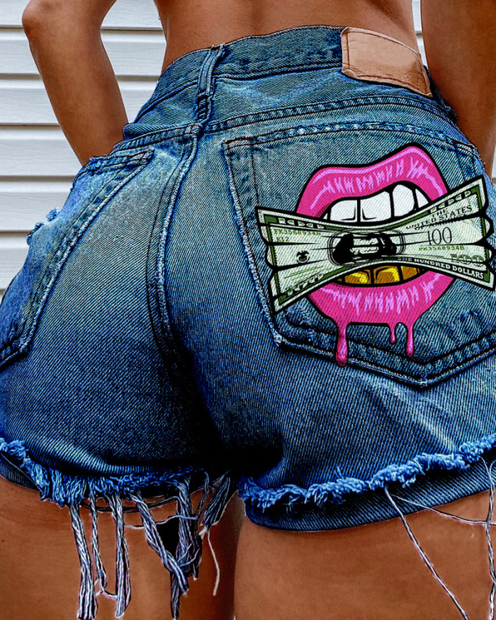 Summer New Hot Women Dollar Lips Printed Hole Tassel Ripped Jeans Shorts Black Blue Gray S-4XL
