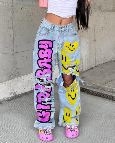Popular High Waist Smile Printed Hollow Out Cargo Pants Blue Gray S-3XL