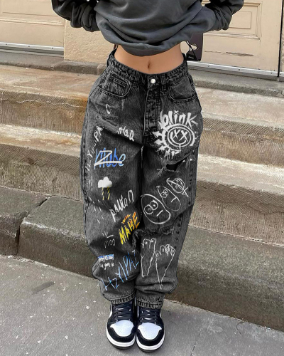 Women New Jeans High Waist Graffiti Pants Blue S-3XL