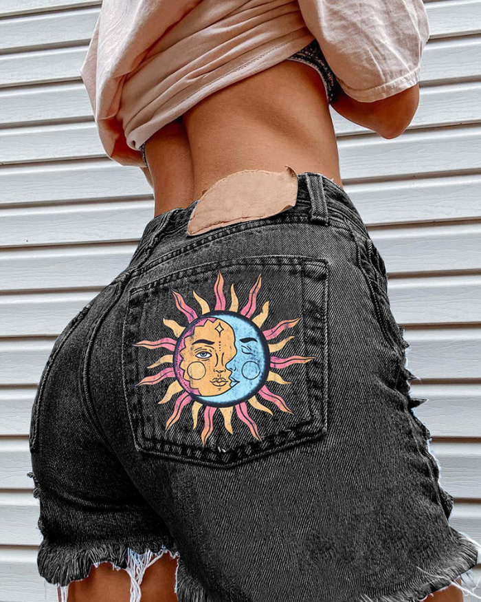 Sun Printed Back Pocket Fashion Hole Tassel Jean Shorts Black Blue S-3XL