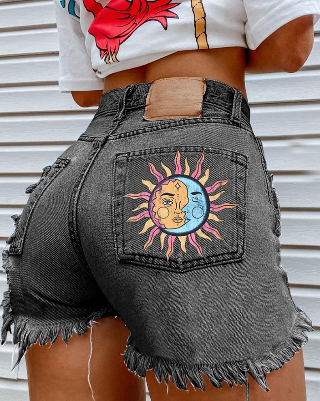 Sun Printed Back Pocket Fashion Hole Tassel Jean Shorts Black Blue S-3XL
