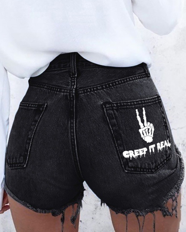 Casual Style Women Tassel Printed Shorts Jeans Black Blue Gray S-4XL