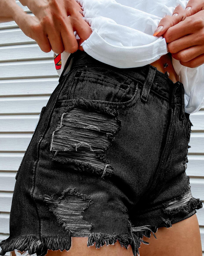 Women Lips Printed Fashion Hole Jeans Shorts Black Blue S-3XL