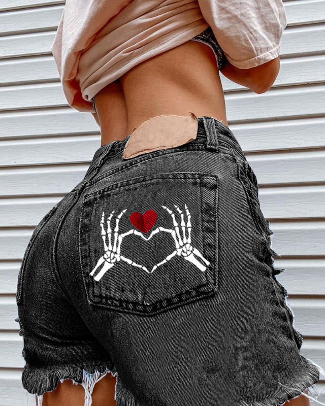 Women High Waist Heart Skeleton Bone Street Style Tassels Jeans Shorts Black Blue S-2XL