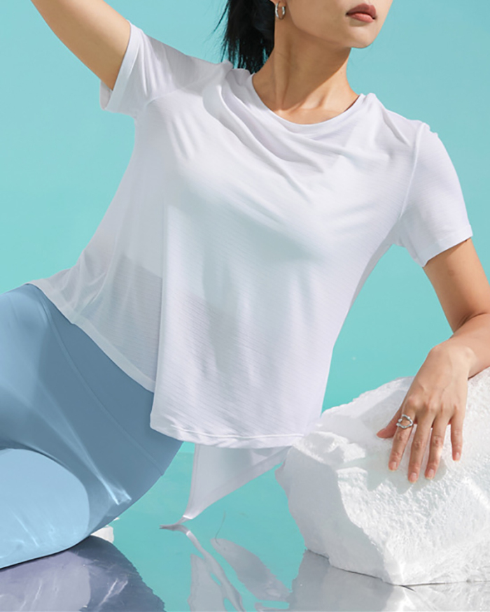 Women Short Sleeve Breathable Crew Neck T-shirt Blue Green White 4-10