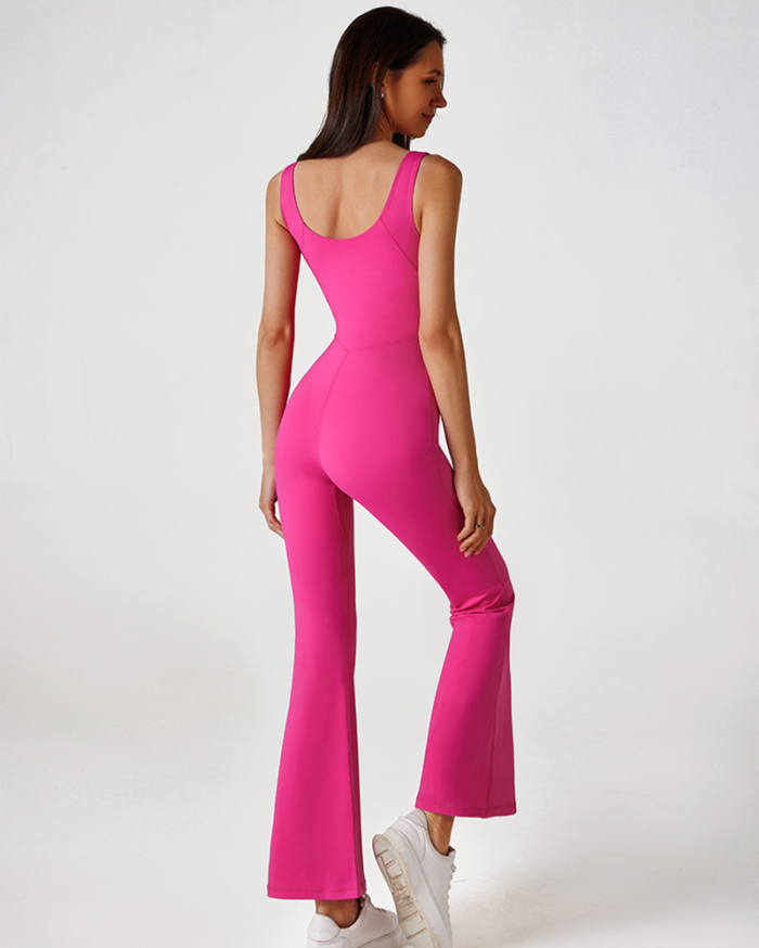 Women Zipper Front Wide Leg Sports Slim Jumpsuit Black Rosy XS-XL