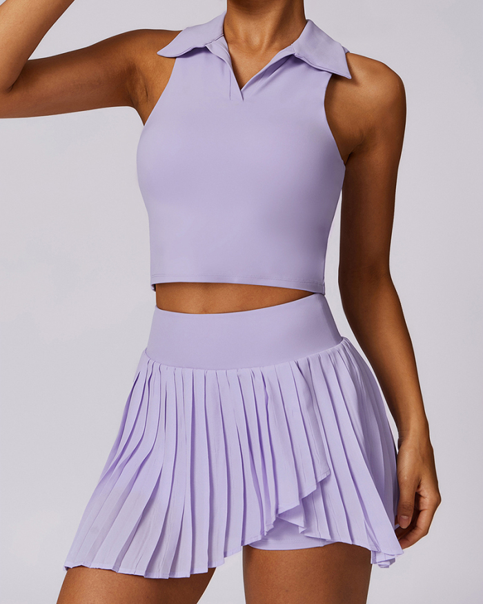 Summer Outdoor Sports Lapel Neck Vest Pleats Skirts Tennis Set Two-Piece Set S-XL