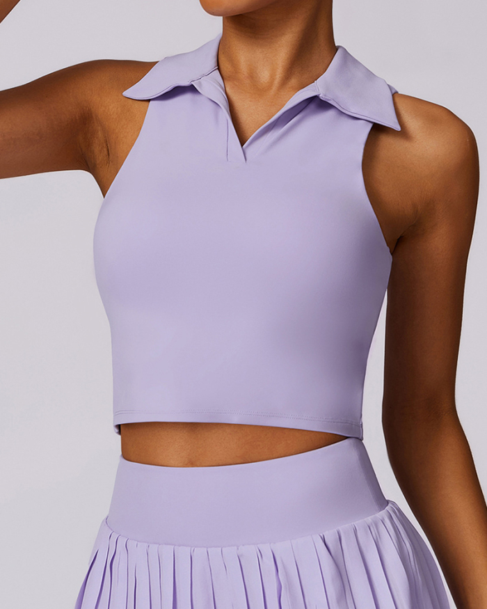 Women Polo Lapel Collar Tennis Vest Sports Top Black White Blue Purple S-XL