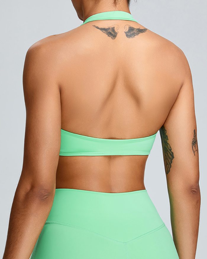 Halter Neck Backless Sports Quick Drying V-neck Bra Pink Yellow Green Blue S-XL
