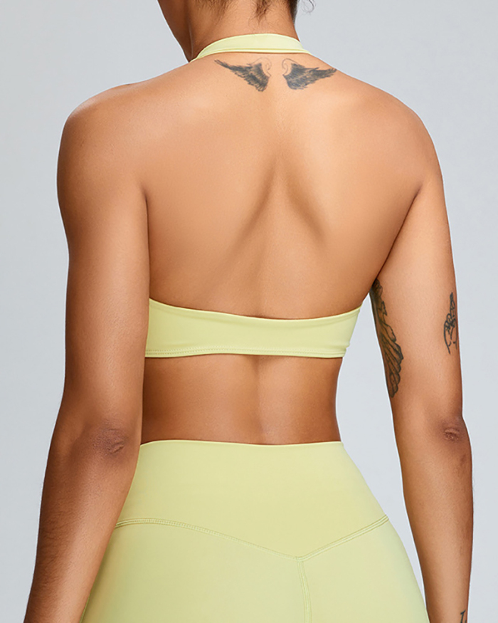 Halter Neck Backless Sports Quick Drying V-neck Bra Pink Yellow Green Blue S-XL