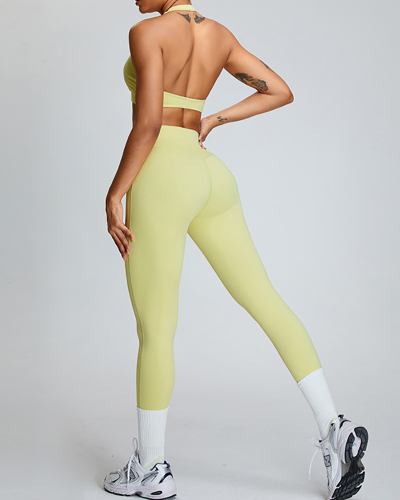 Summer Halter Neck Breathable Quick Drying High Waist Pants Yoga Two-piece Set Pink Green Yellow Blue S-XL