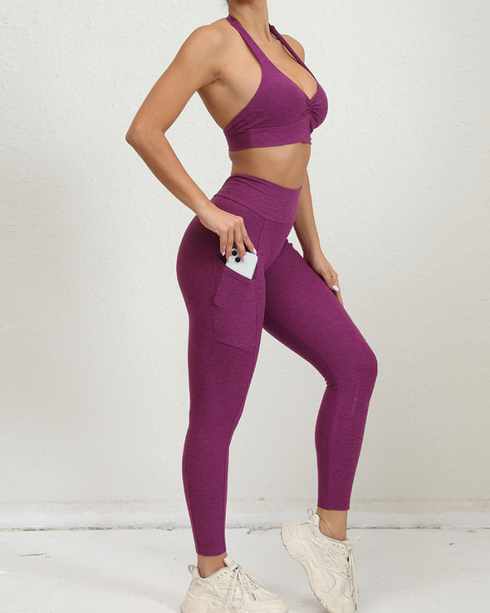 Adjustable Halter Neck Backless Sports Bra Side Pocket Pants Yoga Two pieces Outfit Black Purple Gray Blue Pink S-XL