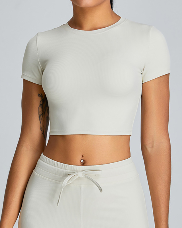 Breathable O-Neck Short Sleeve Solid Color Crop Top Sports T-shirt (NO Pad) White Blue Pink Black S-XL