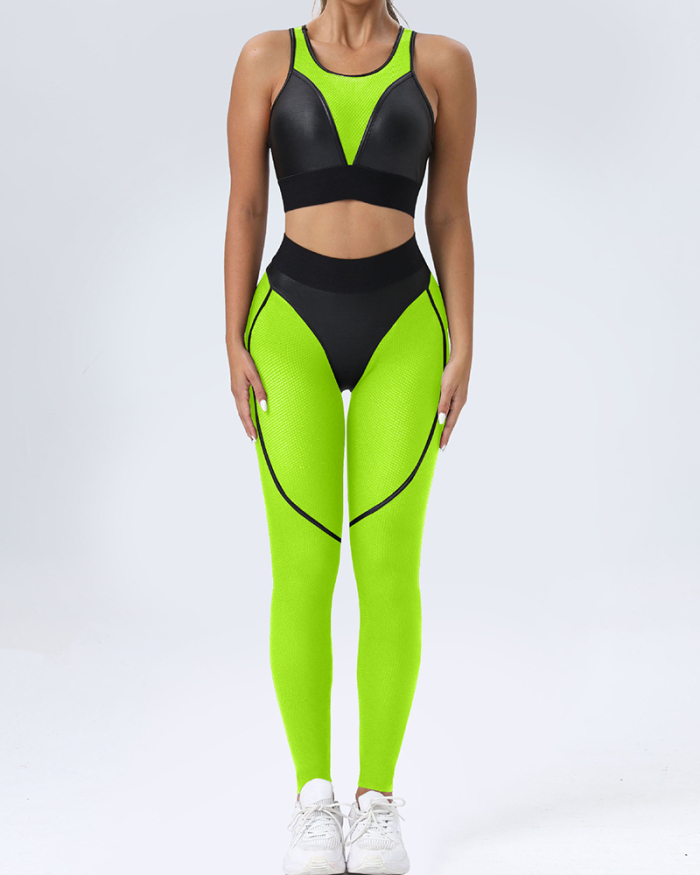 Hot Sale Patchwork Mesh Sports Bra Fitness Hips Lift 2 Piece Outfits Black Orange Pink Purple Green S-L