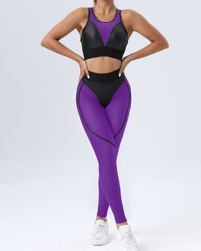 Hot Sale Patchwork Mesh Sports Bra Fitness Hips Lift 2 Piece Outfits Black Orange Pink Purple Green S-L