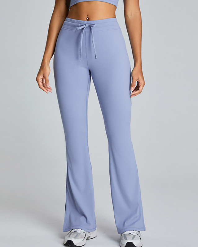 New Drawstring High Waist Wide Slit Leg Fitness Pants White Blue Black Pink S-XL