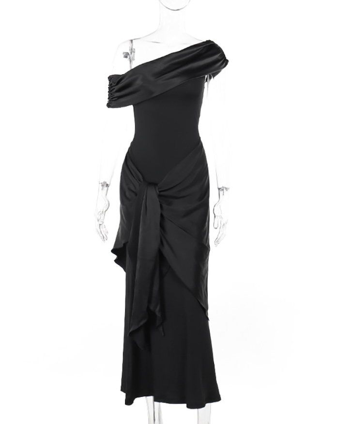 Slash Neck Off Shoulder Mesh Strappy Slit Elegant Maxi Party Dress Black S-XL