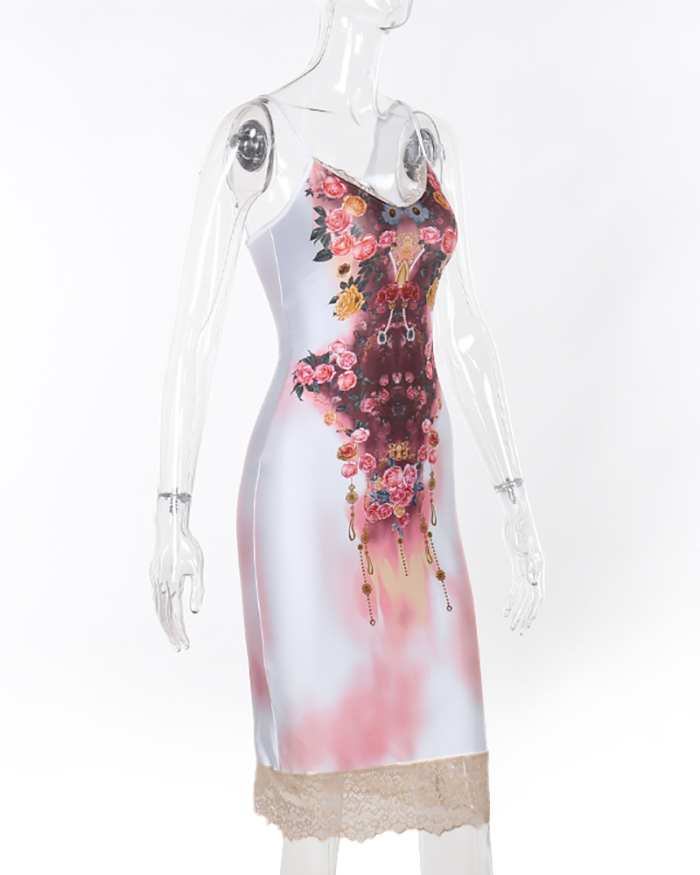 Women V Neck Lace Printed Flower Sling Dress White S-L