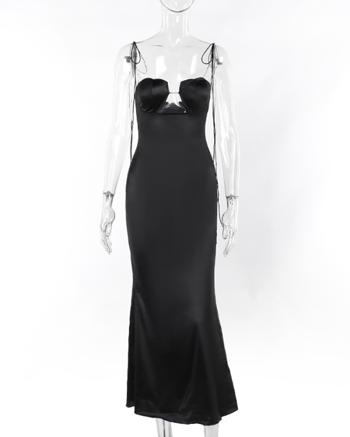Elegant Satin Strappy Sling Heart Bra Hollow Out Sexy Slim Maxi Dress Black S-XL