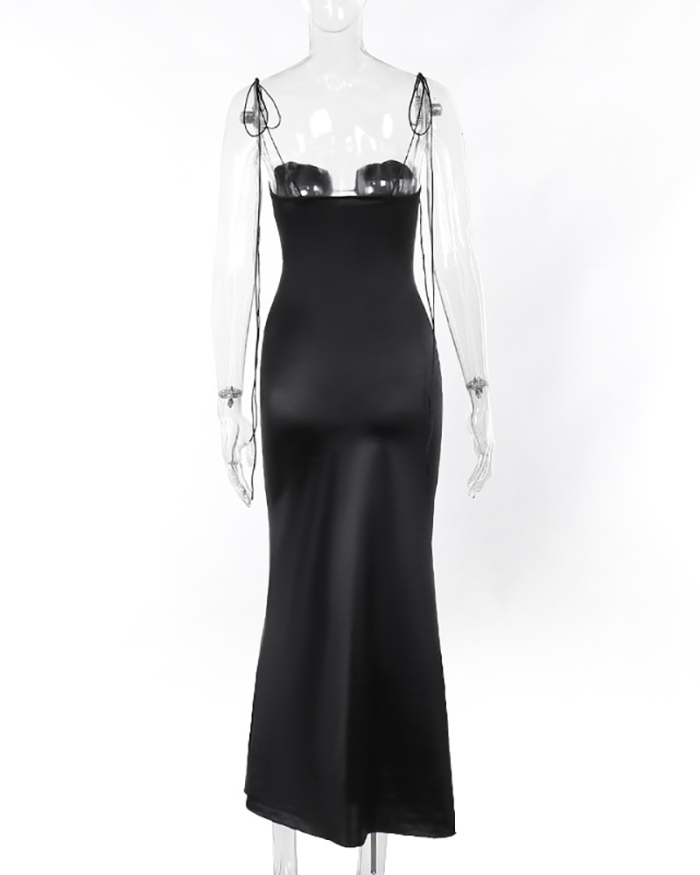 Elegant Satin Strappy Sling Heart Bra Hollow Out Sexy Slim Maxi Dress Black S-XL