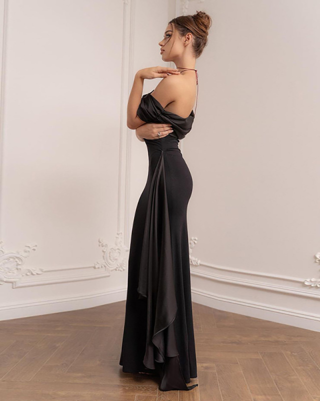 Slash Neck Off Shoulder Mesh Strappy Slit Elegant Maxi Party Dress Black S-XL