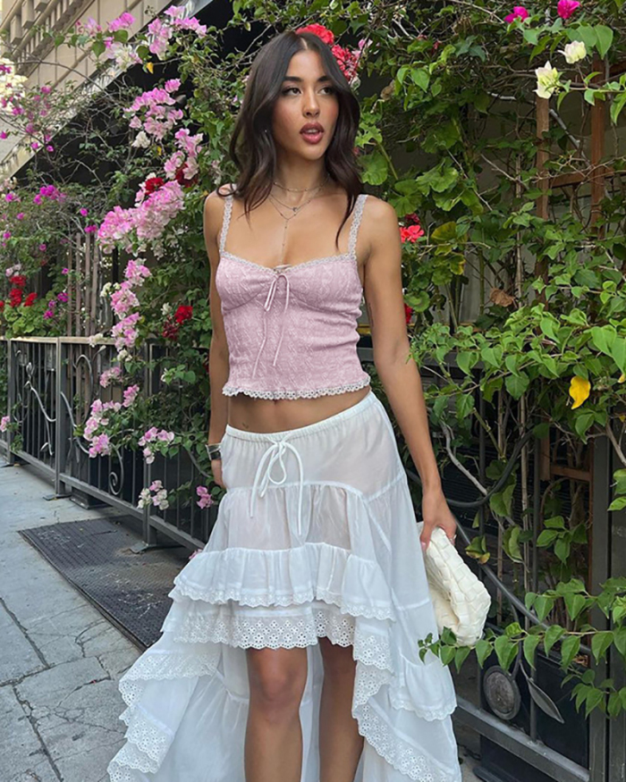 Street Style Ruched Knot Lace Hot Girls Crop Vest Pink White S-L