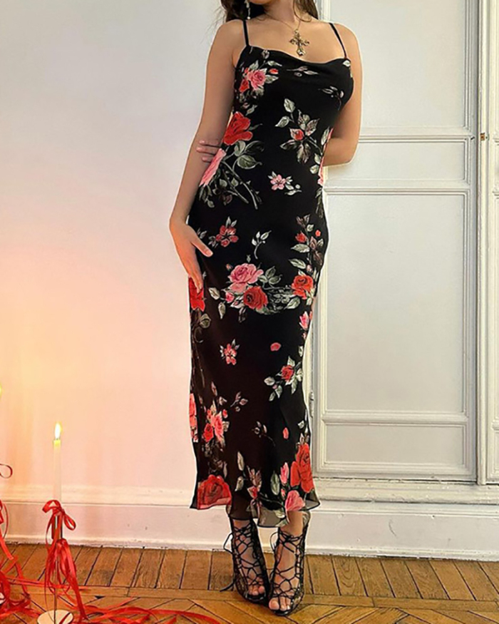 Floral Rose Printed Sling Sexy Slim One Piece Maxi Dress Black S-L