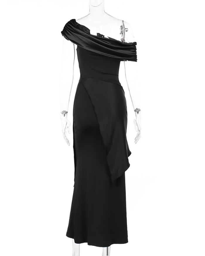 Slash Neck Off Shoulder Mesh Strappy Slit Elegant Maxi Party Dress Black S-XL