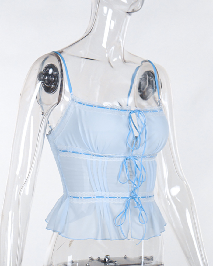 Hot Micro Transparent Chiffon Ruched Strap Top Blue S-XL