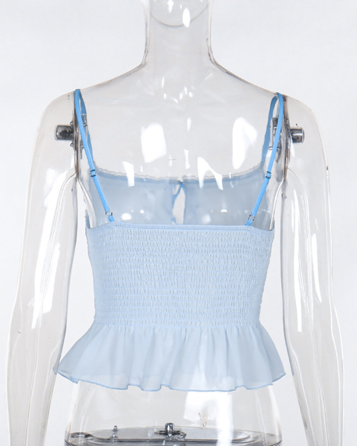 Hot Micro Transparent Chiffon Ruched Strap Top Blue S-XL