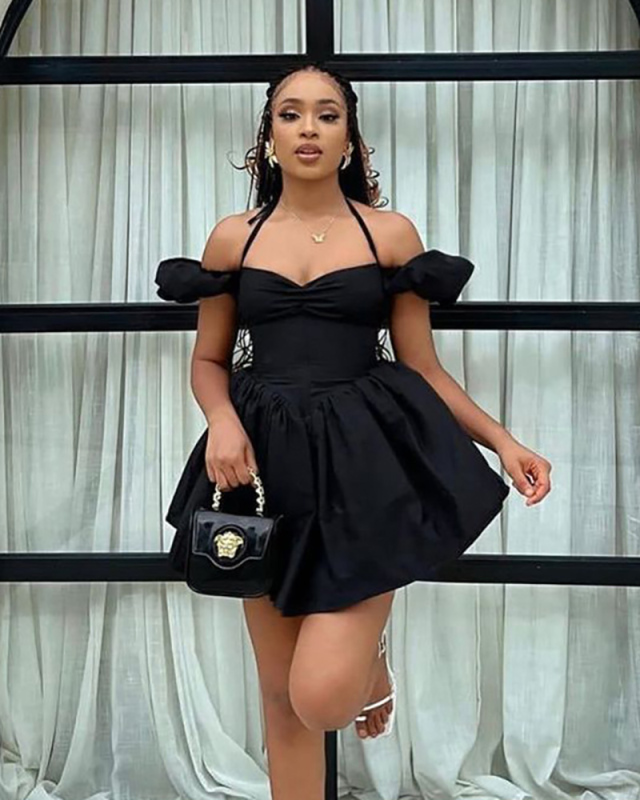 Off Shoulder Halter Neck Temperament Bubble Sleeves Dress Black S-L