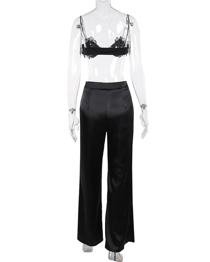 Elegant Flower Slim Top Satin High Waist Wide Leg Pants Two Piece Outfit Black S-L