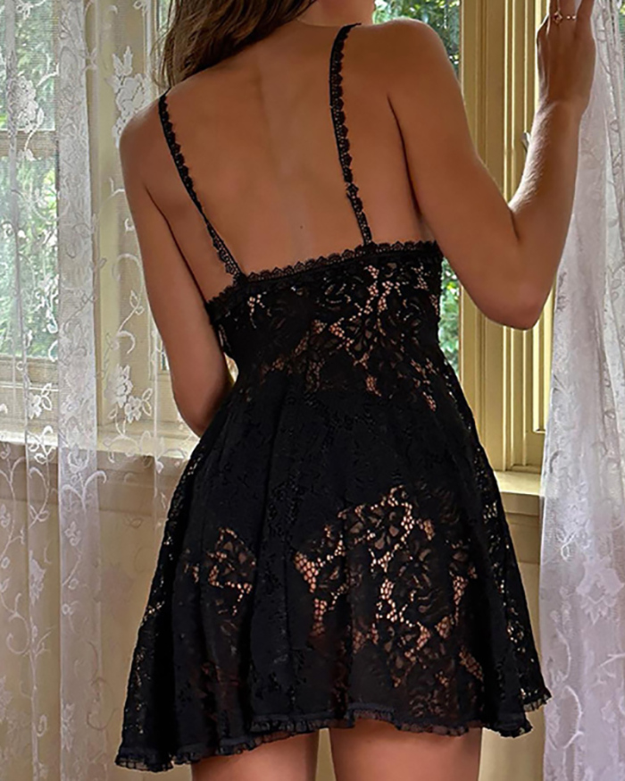 Sling Lace See Through Sexy Cute Mini Women Dress Black S-XL