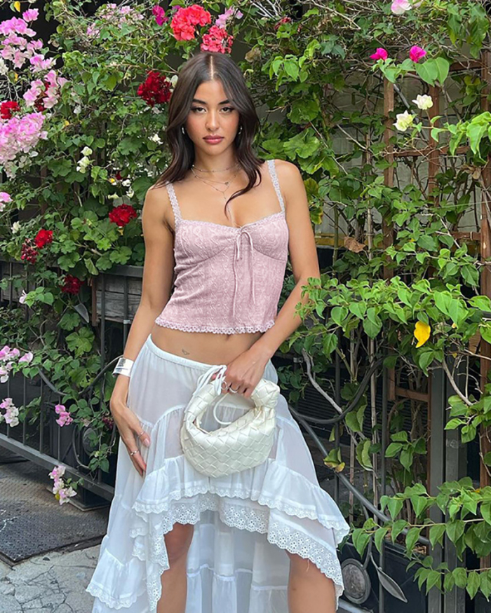 Street Style Ruched Knot Lace Hot Girls Crop Vest Pink White S-L