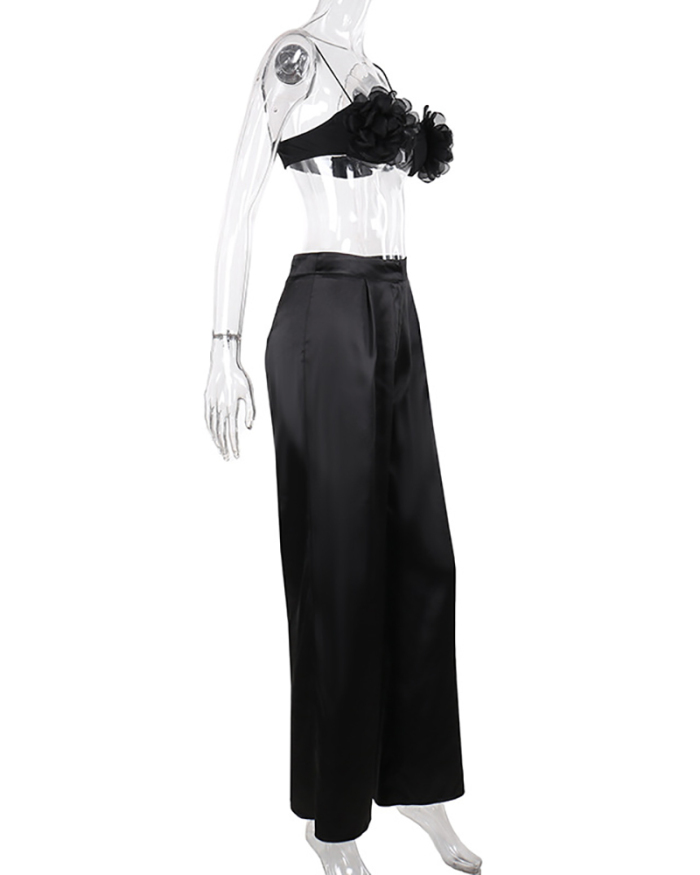 Elegant Flower Slim Top Satin High Waist Wide Leg Pants Two Piece Outfit Black S-L