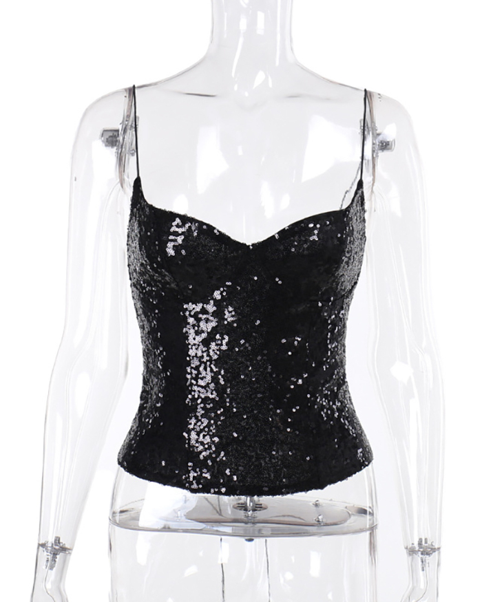 Hot Sale Sling Sequin Sexy Vest Black S-L