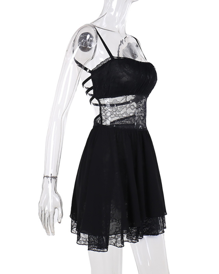 Women Lace See Through Patchwork Sling Mini Dress Black S-L