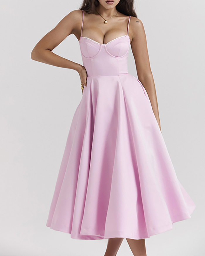 Women Romantic Sling Steel Bra Slim Waist Party Dress Pink S-L