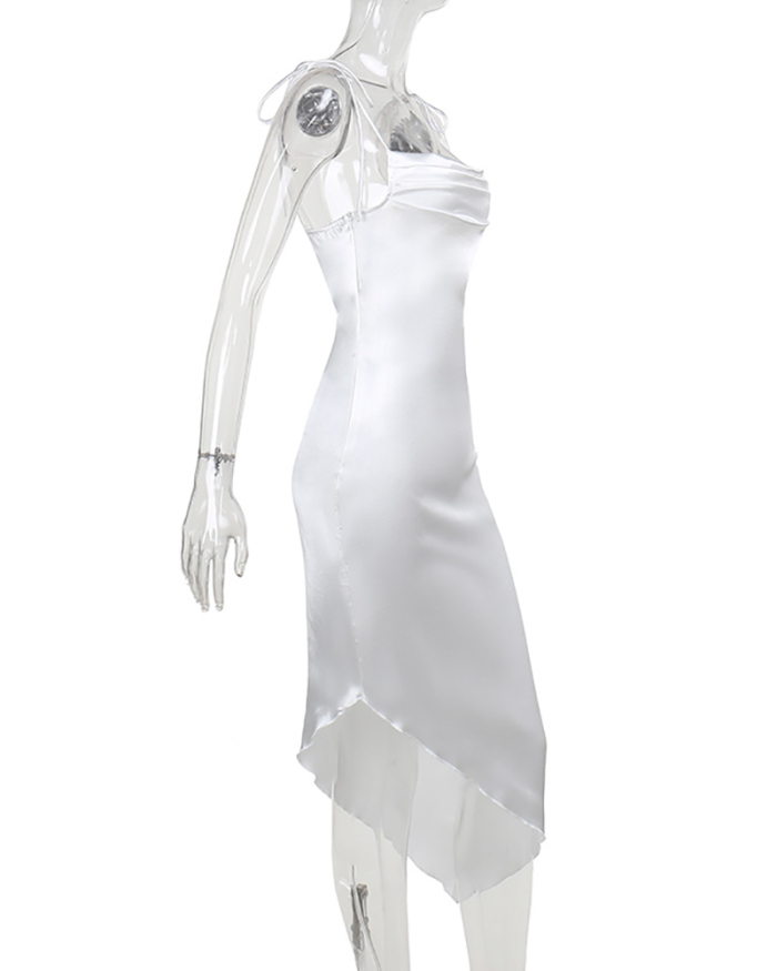 Irregular Strappy Satin Slim Dress Blue White S-L