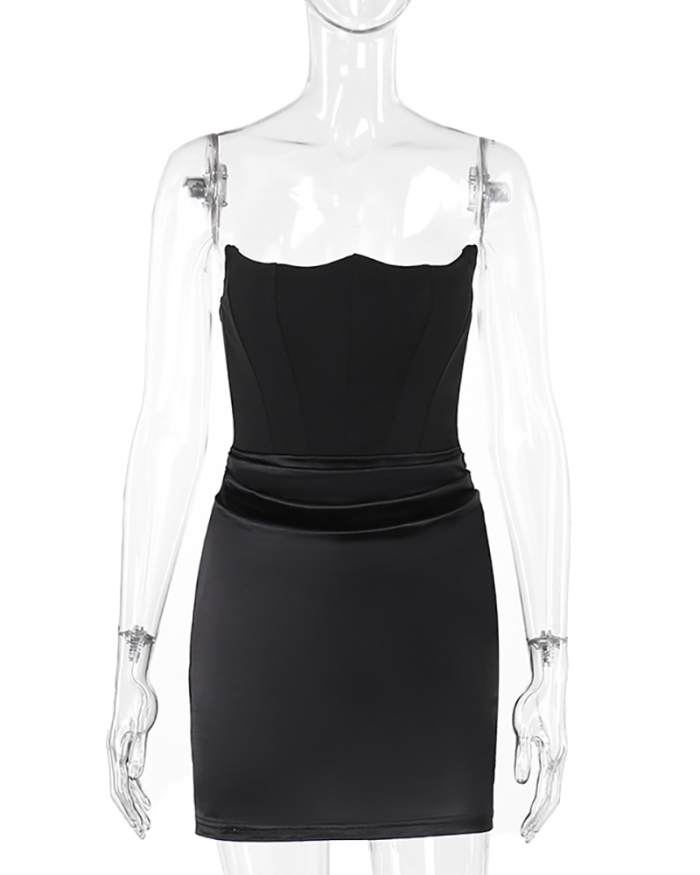 Women Strapless Patchwork Slim One-piece Dress Black S-L