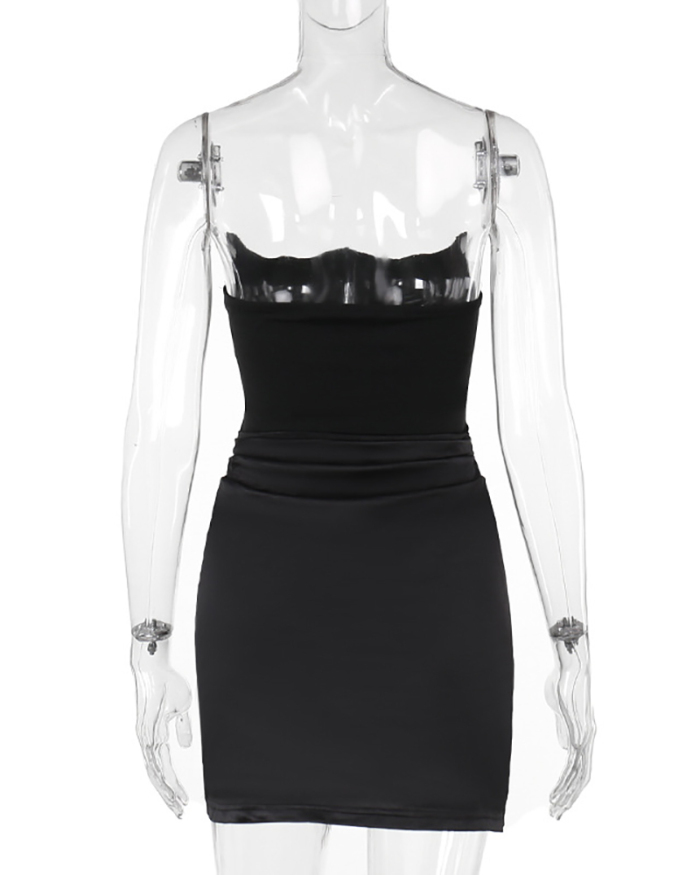 Women Strapless Patchwork Slim One-piece Dress Black S-L