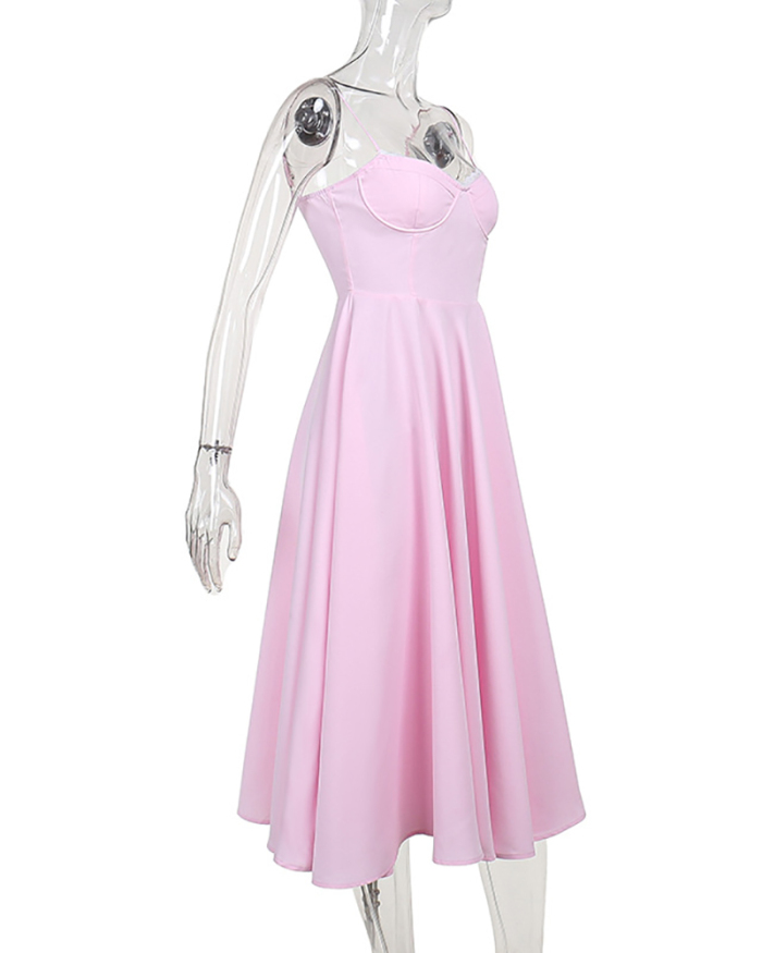 Women Romantic Sling Steel Bra Slim Waist Party Dress Pink S-L