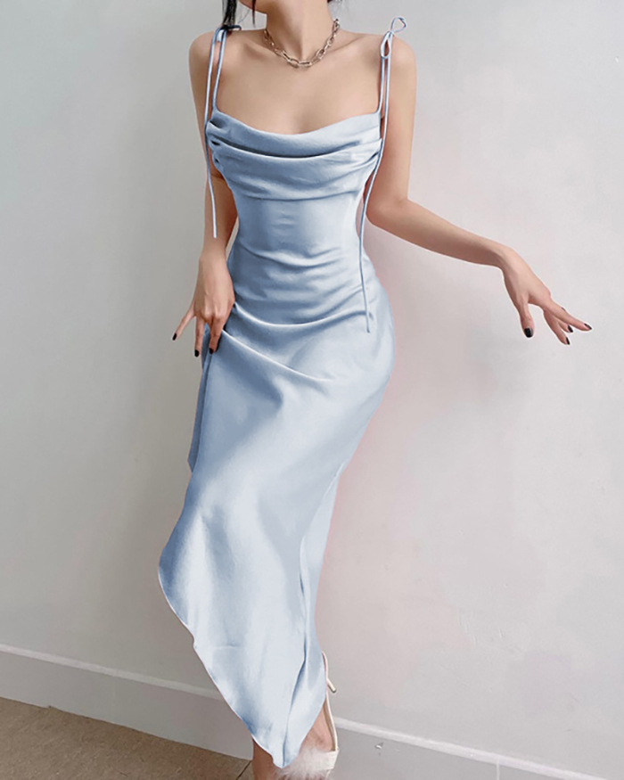 Irregular Strappy Satin Slim Dress Blue White S-L