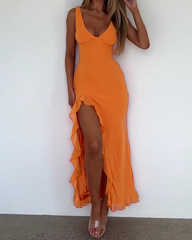 Women Elegant V Neck Ruffles High Slit Dress Orange Pink Yellow S-L