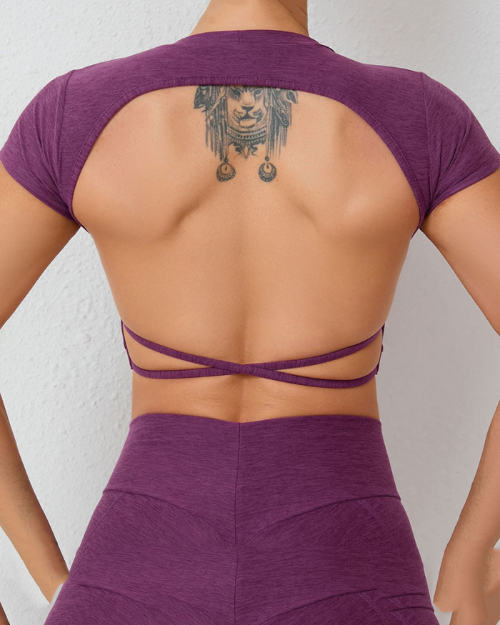Short Sleeve Backless Removeable Pad Yoga Sports T-shirt Crop Top S-L
