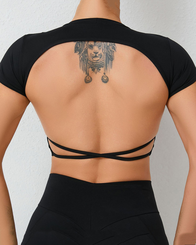 Short Sleeve Backless Removeable Pad Yoga Sports T-shirt Crop Top S-L